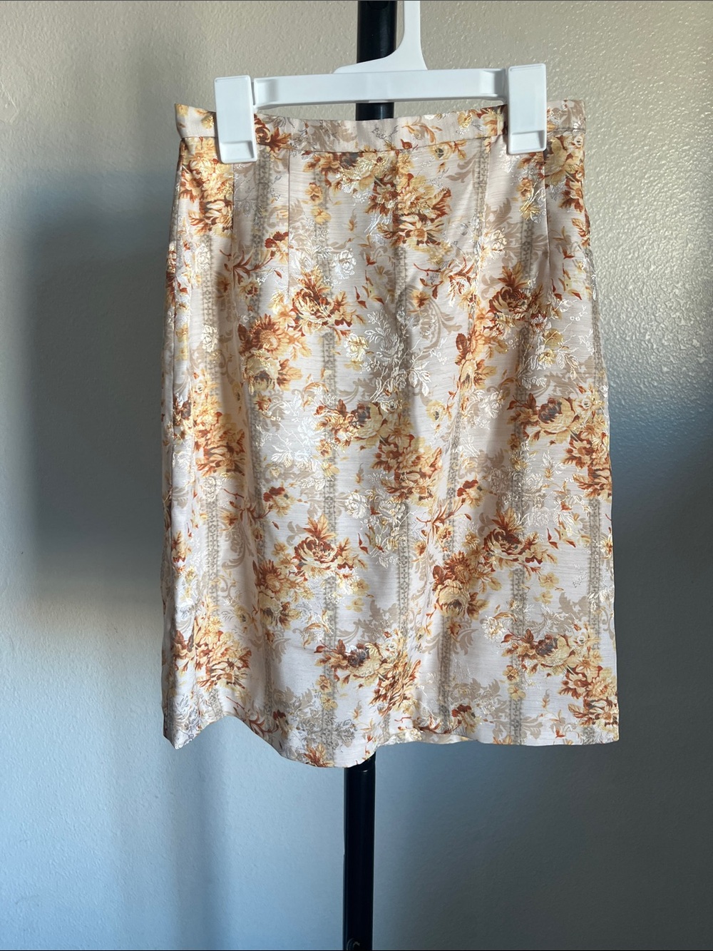 Floral Jacquard Pencil Silk Skirt in Cream and Brown Tones